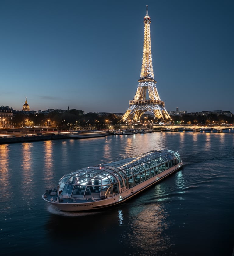a boat on the river with a view of the eiffel tower