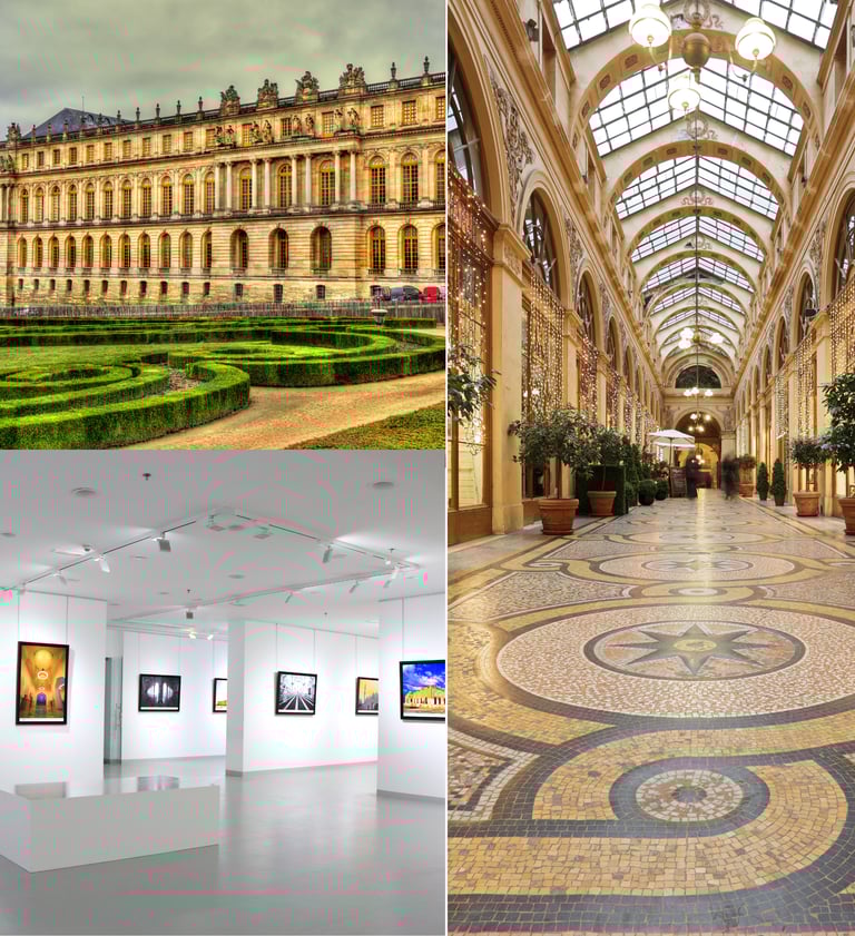 Collage of Paris garden maze, contemporary art space, and ornate arcade