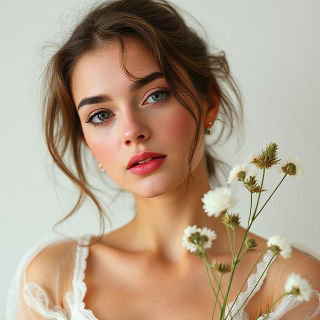 a woman with a flower in her hand, feminine