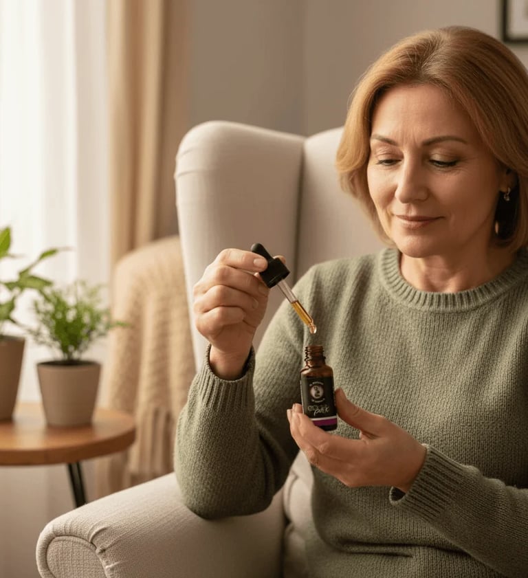 Mujer madura usando aceite CBD 10% Coco Pax para alivio natural del dolor crónico y mejora de calida