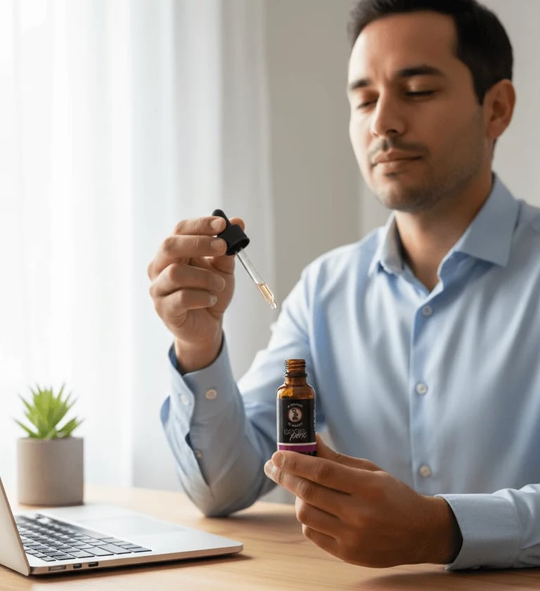 Hombre profesional usando aceite CBD 10% Coco Pax para gestionar el estrés laboral durante su jornad