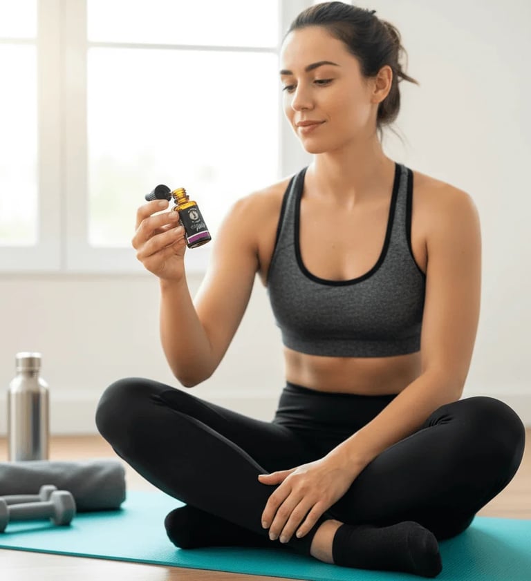 Mujer deportista usando aceite CBD 10% Coco Pax para recuperación muscular después de entrenar