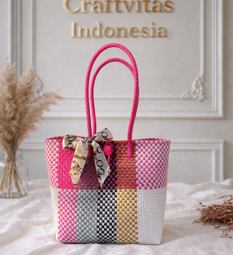 Tas anyaman plastik motif batik warna pink mix handmade dari Craftvitas Indonesia