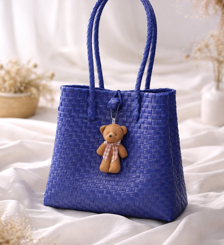 Tas anyaman plastik jali jali navy motif handmade dengan gantungan boneka, tas anyaman eksklusif wanita