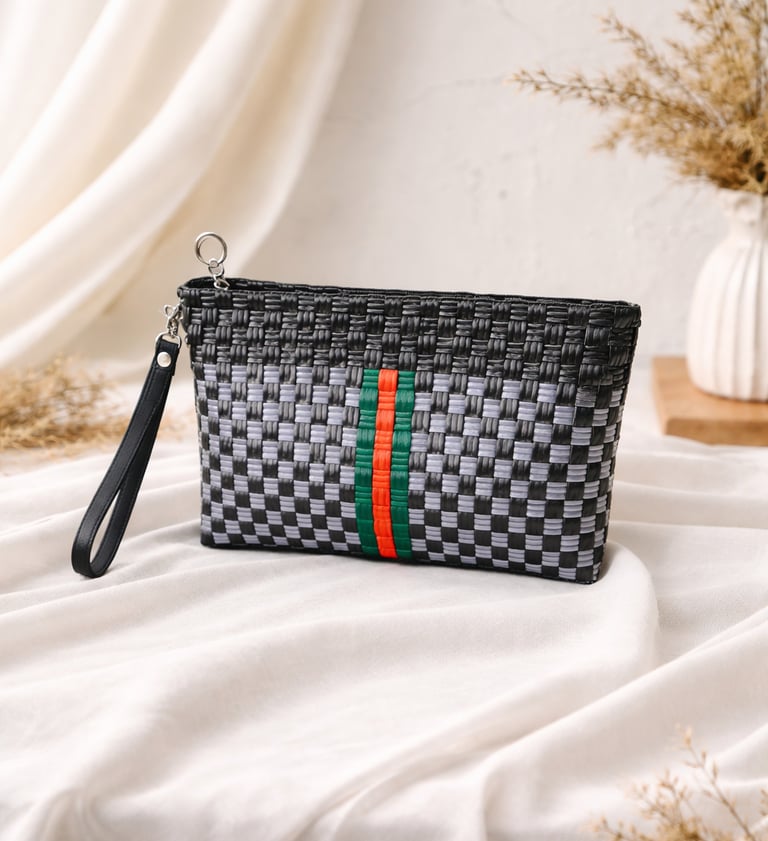 Tas anyaman plastik handmade warna hitam dengan motif garis hijau dan merah, model clutch modern ramah lingkungan