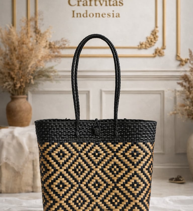 Tas anyaman plastik handmade warna hitam dengan motif natural ramah lingkungan dari Craftvitas Indonesia