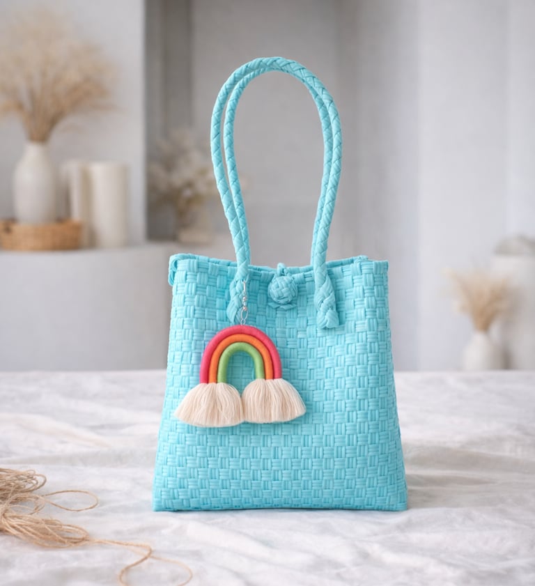 Tas anyaman plastik jali jali biru muda dengan gantungan pelangi handmade, tas ramah lingkungan