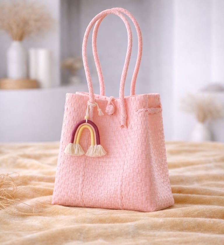 Tas anyaman plastik jali jali pink peach handmade dengan gantungan pelangi, cocok untuk hadiah
