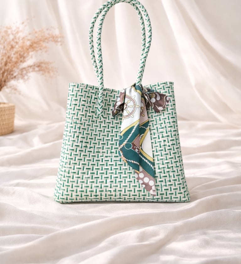 Tas anyaman plastik jali jali warna putih hijau mint handmade dengan aksen scarf, ramah lingkungan dan elegan