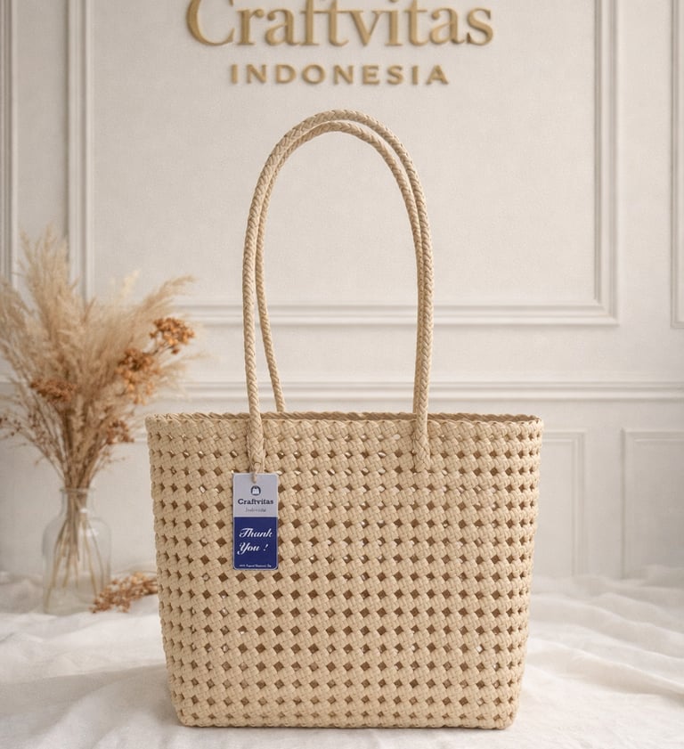 Tas anyaman plastik model sekar warna cream handmade Craftvitas Indonesia