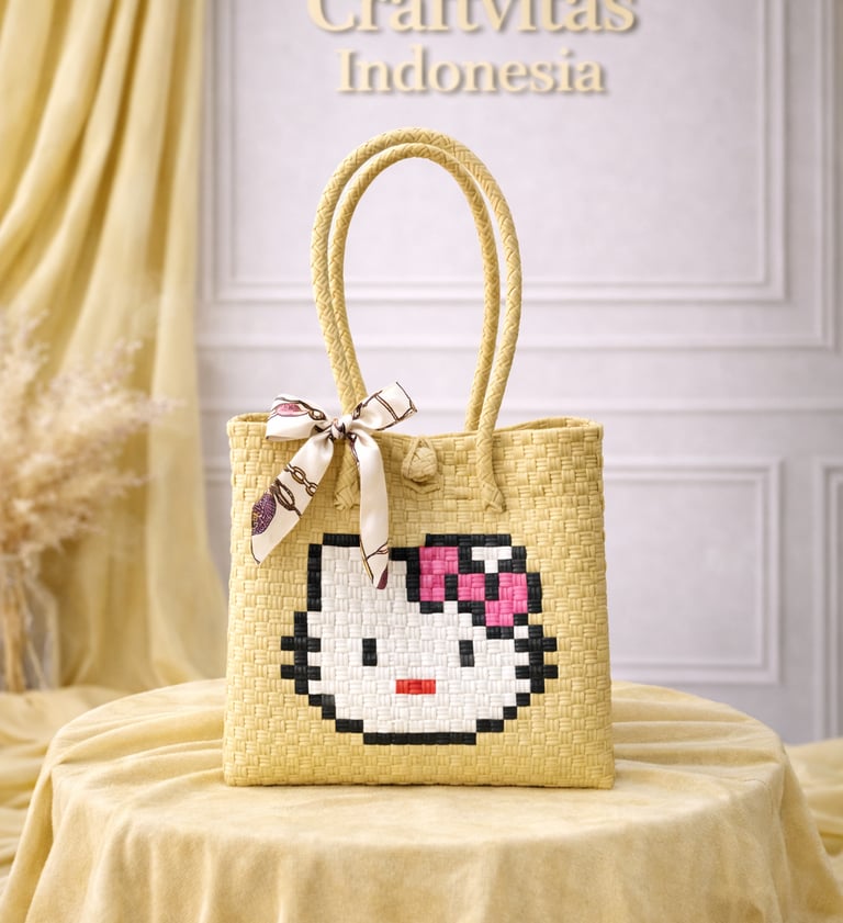 Tas anyaman karakter kucing warna cream handmade dari plastik daur ulang