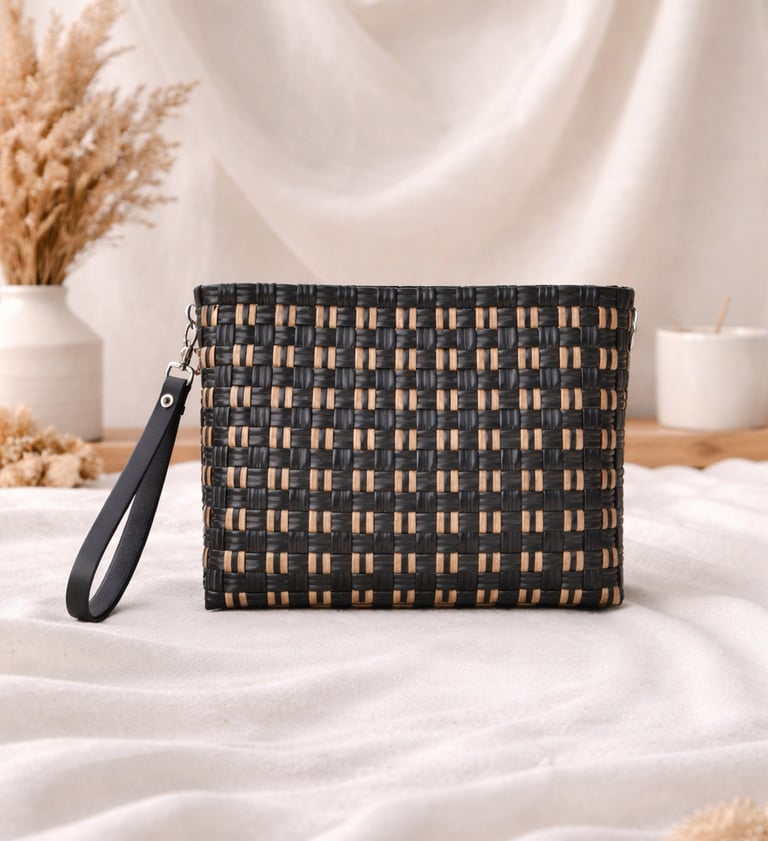 Tas anyaman plastik handmade warna hitam dan coklat motif kotak model clutch eksklusif