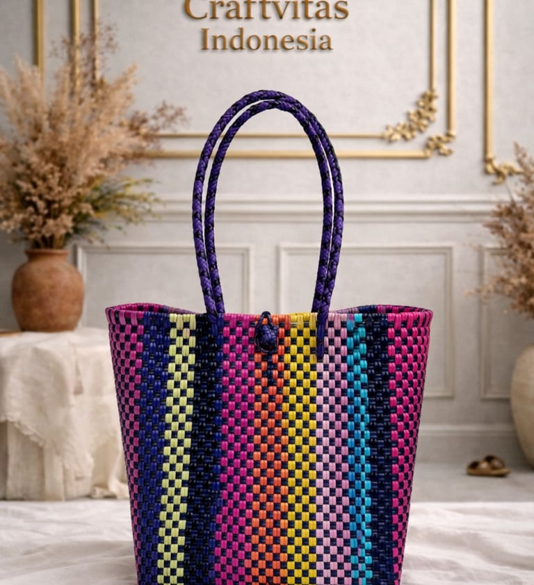 Tas anyaman plastik handmade multicolor dengan motif garis vertikal unik dari Craftvitas Indonesia