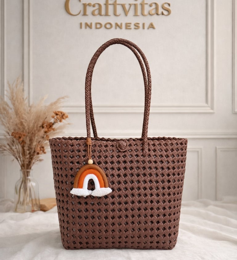 Tas anyaman plastik model sekar warna coklat handmade Craftvitas Indonesia