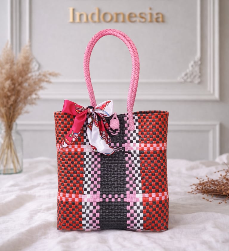 Tas anyaman plastik motif batik hitam merah dengan aksen pink handmade Craftvitas Indonesia