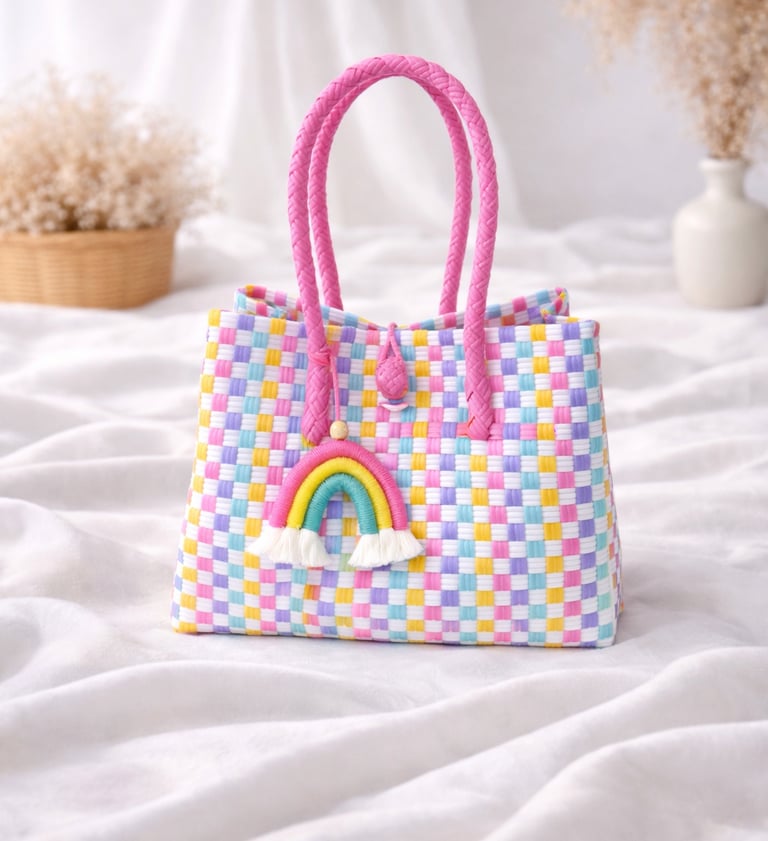 Tas anyaman plastik handmade warna pastel rainbow dengan pegangan pink, tas anyaman wanita modern