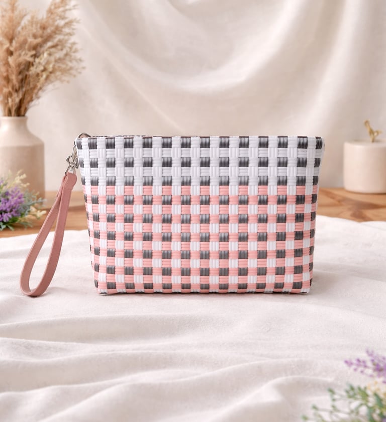 Tas anyaman plastik handmade warna pink dan abu motif kotak cocok untuk tas tangan wanita