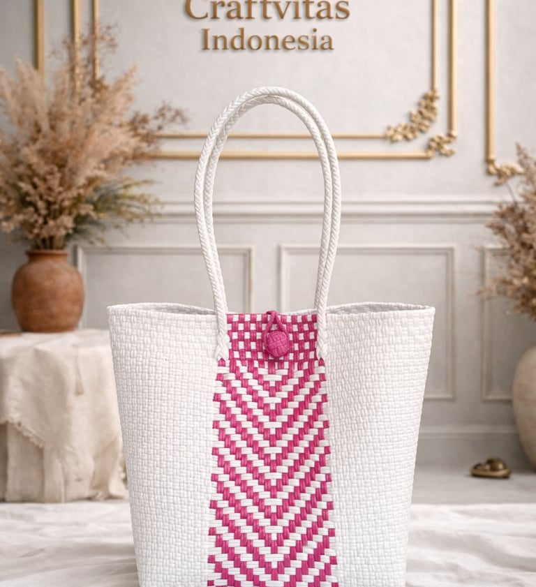 Tas anyaman plastik handmade warna putih dan pink motif chevron ramah lingkungan dari Craftvitas Indonesia