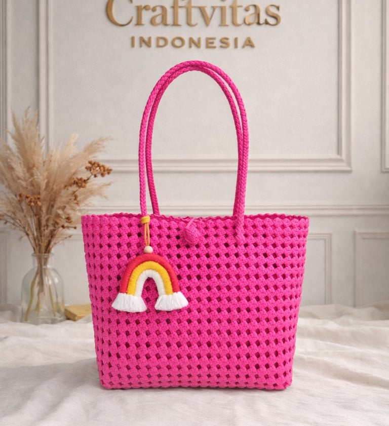 Tas anyaman plastik model sekar warna pink handmade dari Craftvitas Indonesia