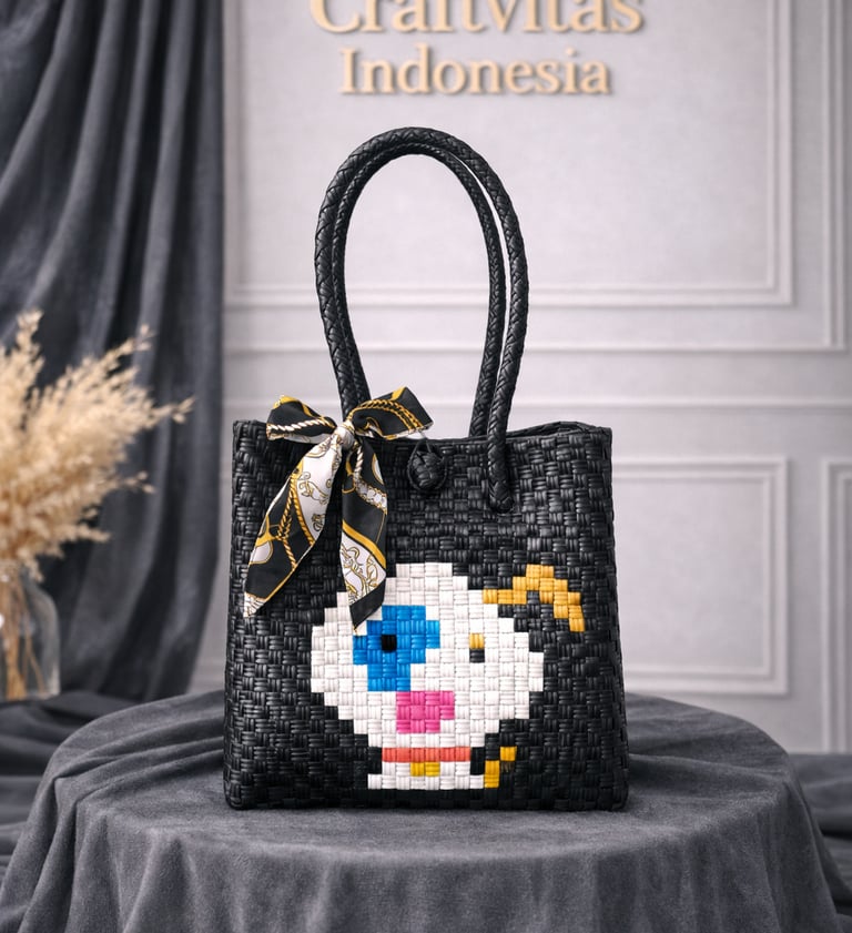 Tas anyaman karakter anjing warna hitam handmade untuk tas souvenir