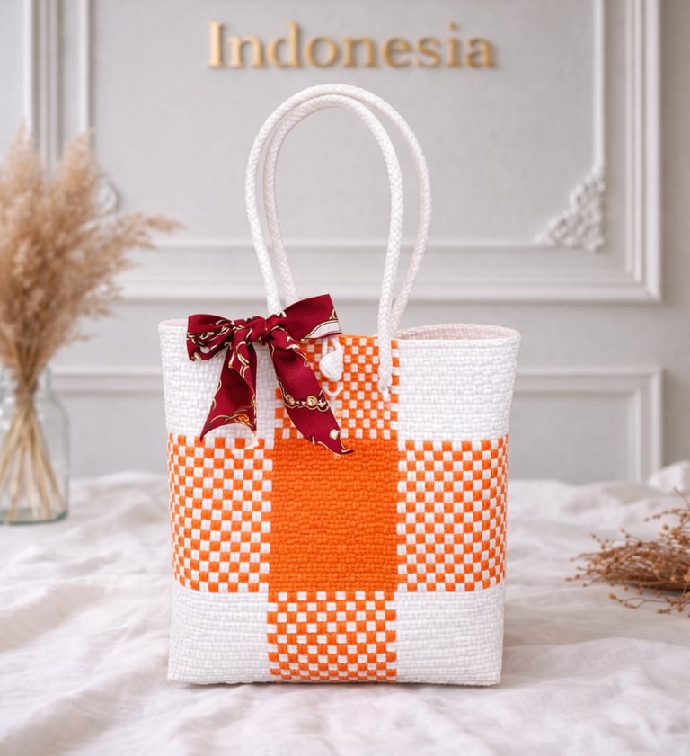 Tas anyaman plastik motif batik warna putih dan oranye handmade dari Craftvitas Indonesia