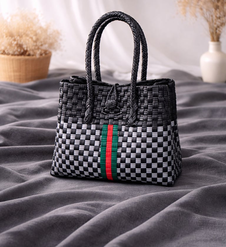 Tas anyaman plastik handmade hitam putih dengan aksen garis tengah, tas anyaman wanita elegan