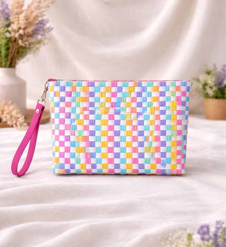 Tas anyaman plastik handmade warna pastel cerah model clutch wanita unik dan estetik