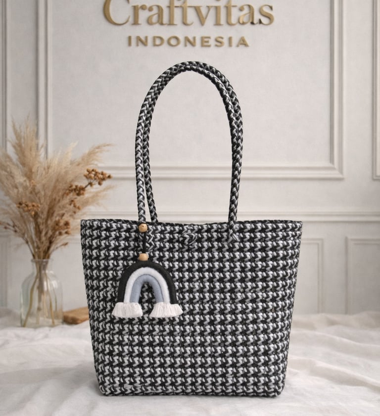 Tas anyaman plastik model sekar hitam putih handmade Craftvitas Indonesia