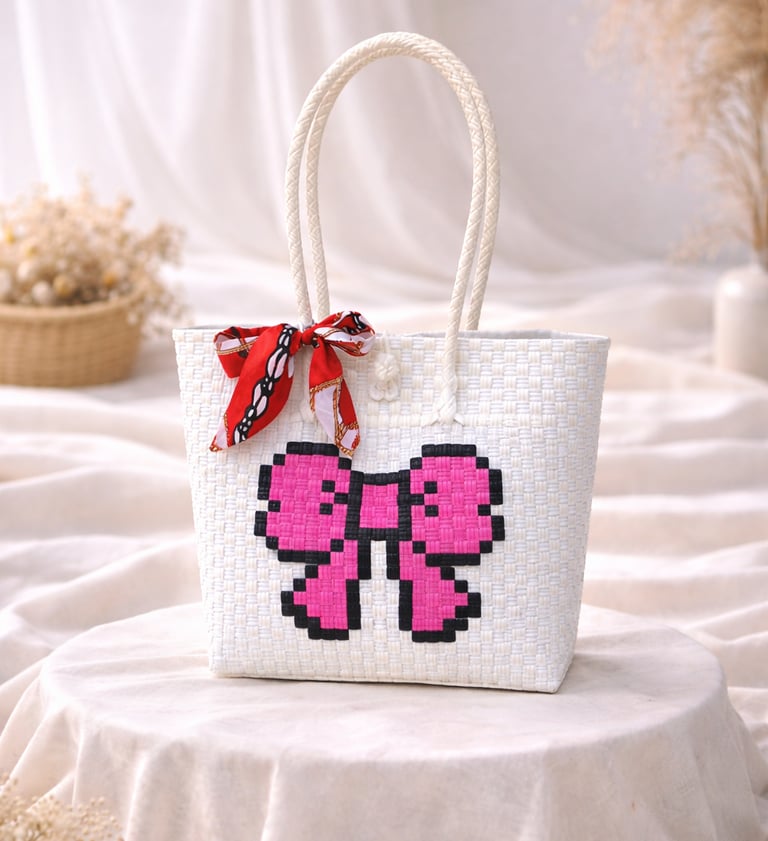 Tas anyaman karakter kupu-kupu putih pink handmade ramah lingkungan
