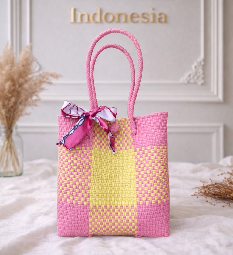 Tas anyaman plastik motif batik pink kuning handmade Craftvitas Indonesia
