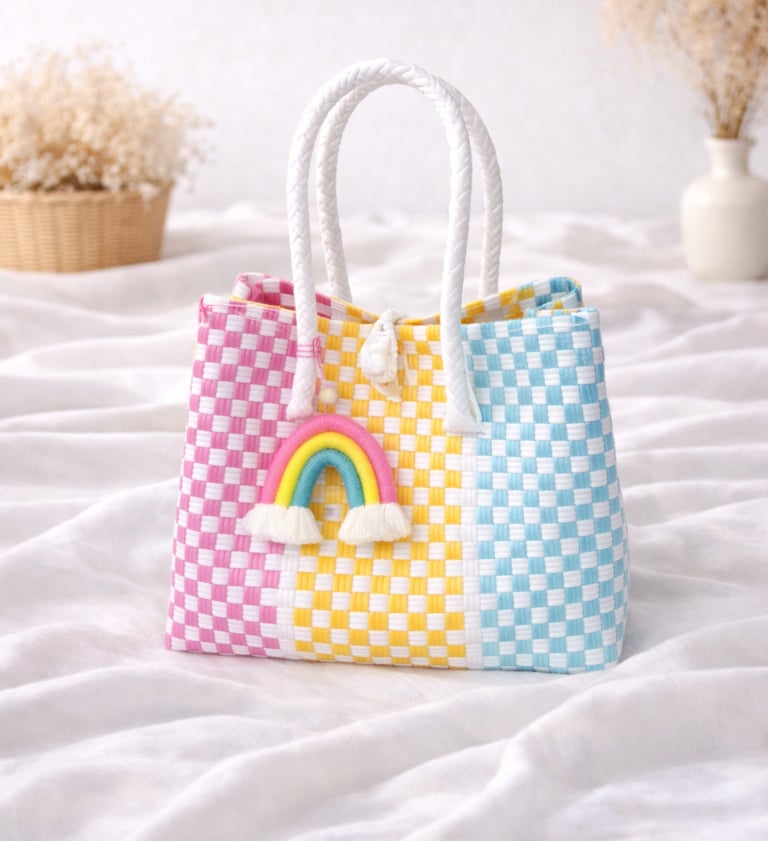 Tas anyaman plastik handmade kombinasi pink kuning biru, tas anyaman wanita aesthetic