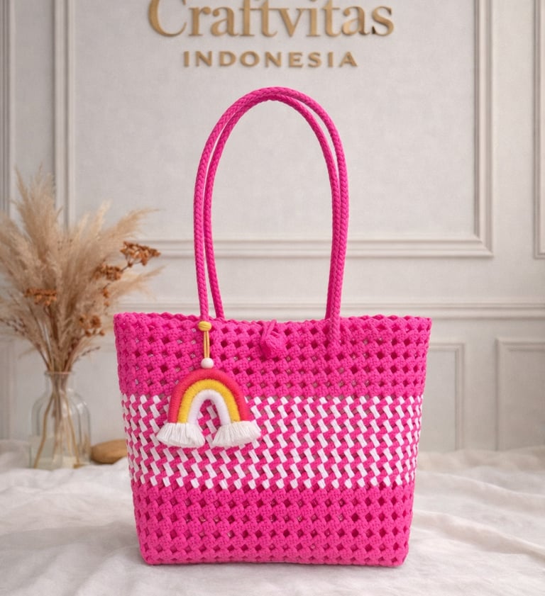 Tas anyaman plastik model sekar pink kombinasi motif handmade Craftvitas