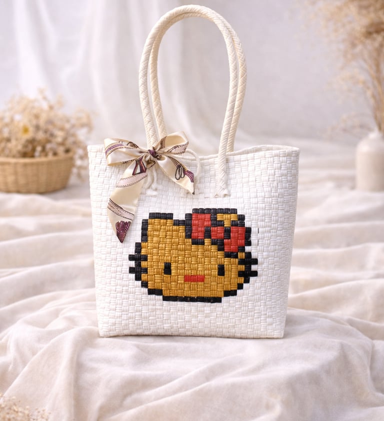 Tas anyaman karakter lucu warna putih coklat handmade untuk hampers