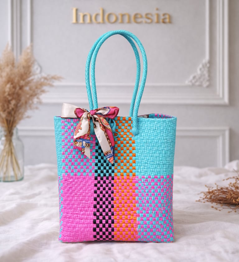 Tas anyaman plastik motif batik tosca pink oranye handmade dari Craftvitas Indonesia
