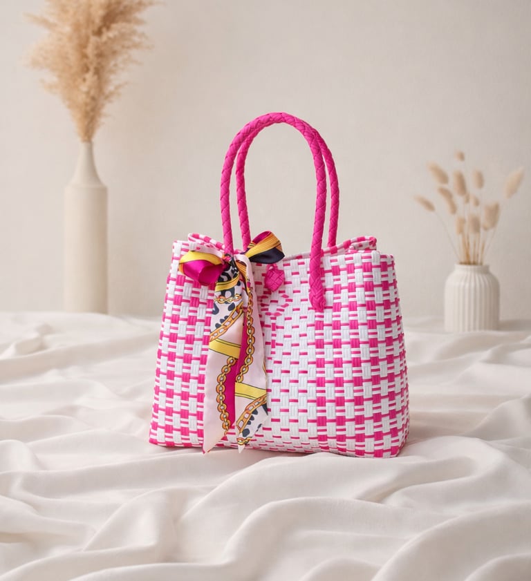 Tas anyaman plastik handmade pink putih dengan pita, tas anyaman wanita feminin dan modern