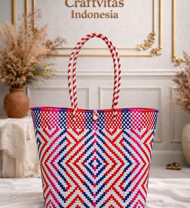 Tas anyaman plastik handmade warna merah biru putih motif diamond etnik dari Craftvitas Indonesia