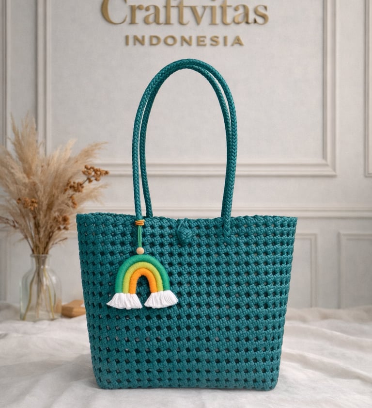 Tas anyaman plastik model sekar warna tosca handmade Craftvitas Indonesia