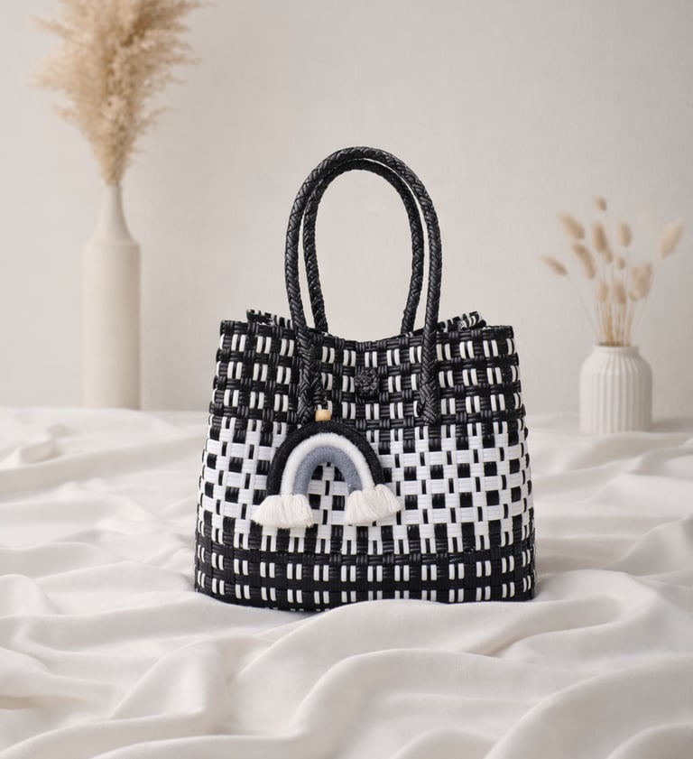 Tas anyaman plastik handmade hitam putih minimalis, tas anyaman wanita desain modern