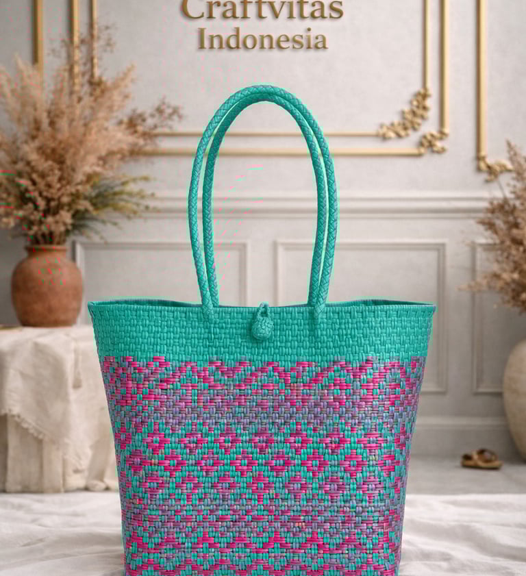 Tas anyaman plastik handmade warna tosca dan pink motif etnik ceria dari Craftvitas Indonesia