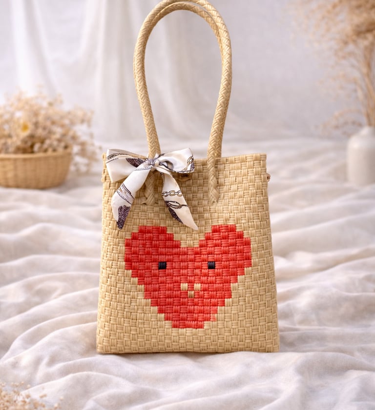 Tas anyaman karakter hati warna coklat handmade cocok untuk kado