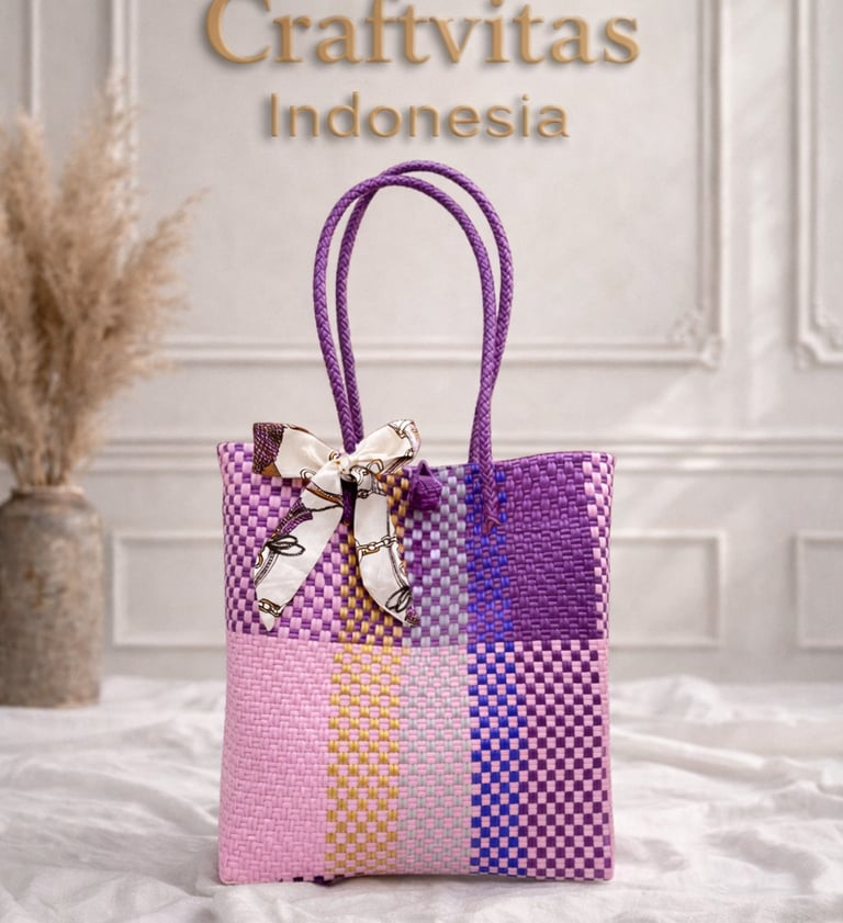 Tas anyaman plastik motif batik ungu mix warna handmade dari Craftvitas Indonesia