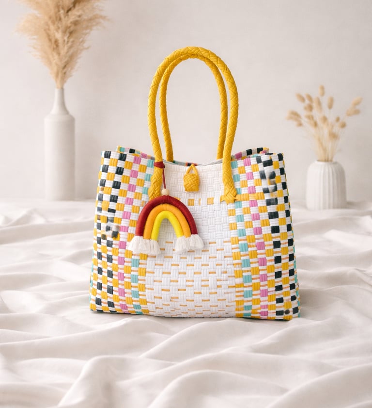 Tas anyaman plastik handmade warna putih dengan aksen cerah, tas anyaman wanita modern