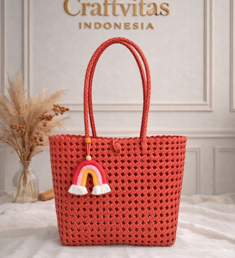 Tas anyaman plastik model sekar warna merah bata handmade Craftvitas Indonesia