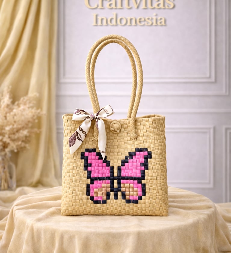 Tas anyaman karakter kupu-kupu warna cream handmade ramah lingkungan