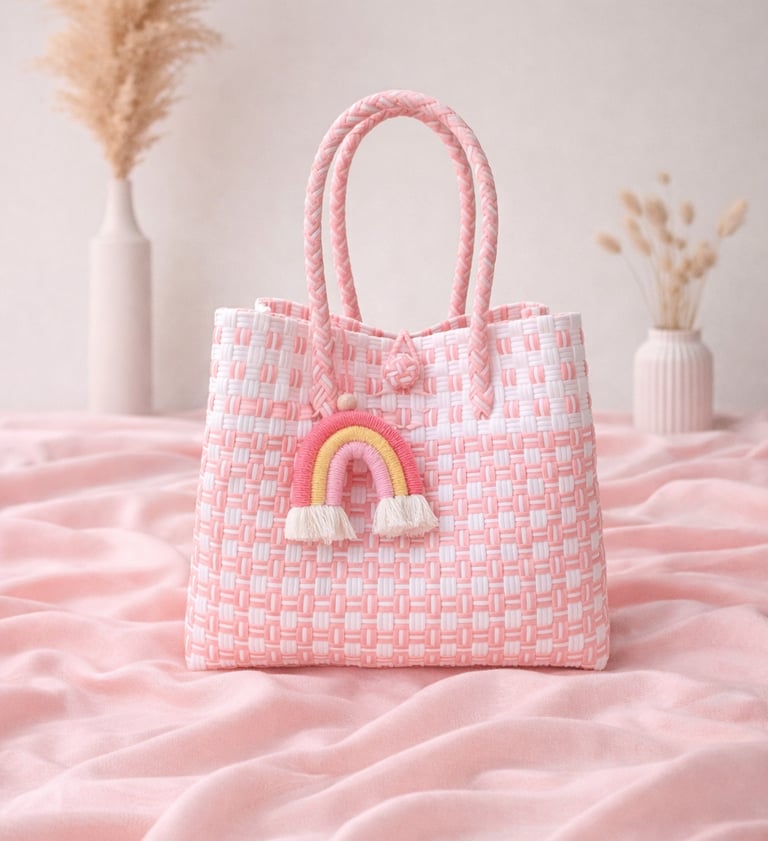 Tas anyaman plastik handmade warna pink soft, tas anyaman wanita aesthetic dan elegan