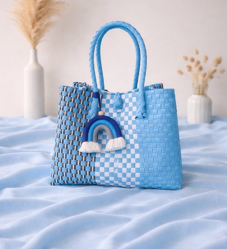 Tas anyaman plastik handmade warna biru kombinasi motif, tas anyaman wanita modern