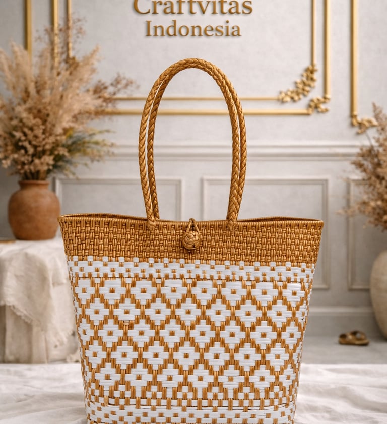 Tas anyaman plastik handmade warna emas dan putih motif kotak klasik dari Craftvitas Indonesia