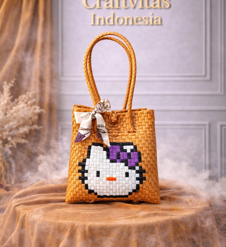 Tas anyaman karakter kucing lucu warna emas handmade dari plastik daur ulang