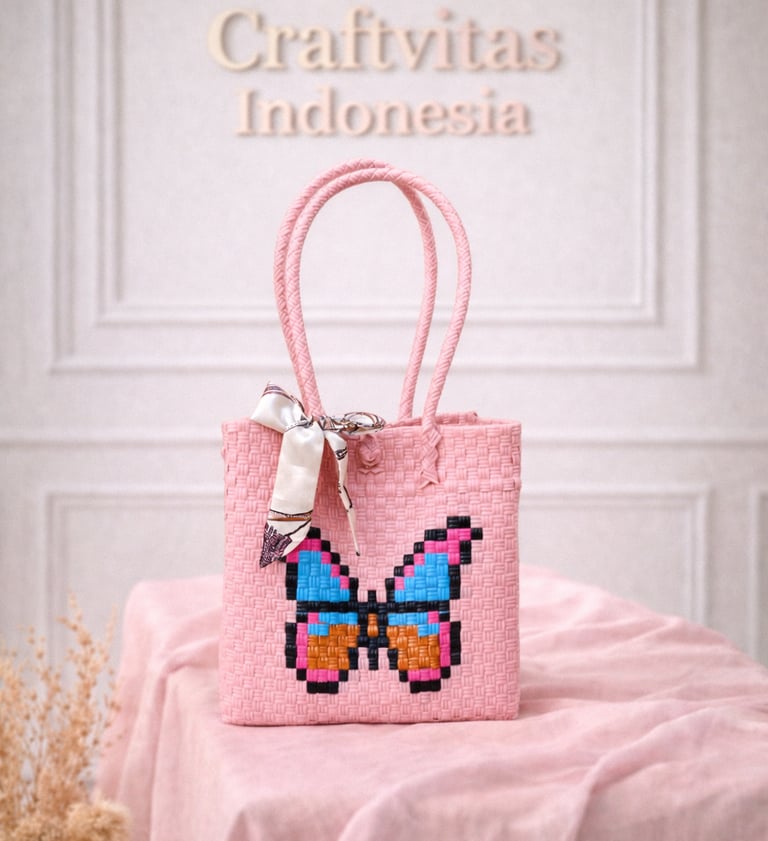 Tas anyaman karakter kupu-kupu warna pink handmade cocok untuk souvenir