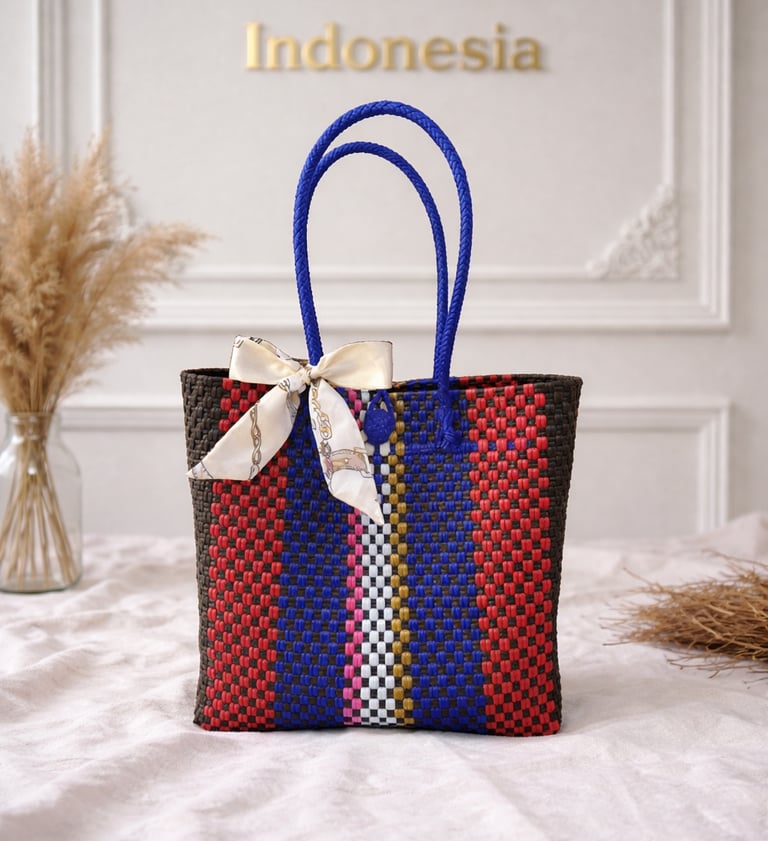 Tas anyaman plastik motif batik hitam biru merah handmade Craftvitas Indonesia